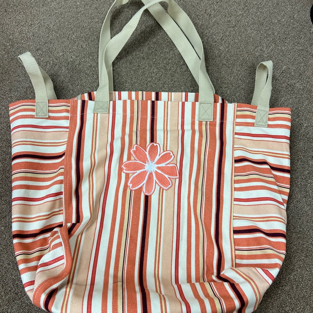 Thirty-One Orange and Cream Striped Tote